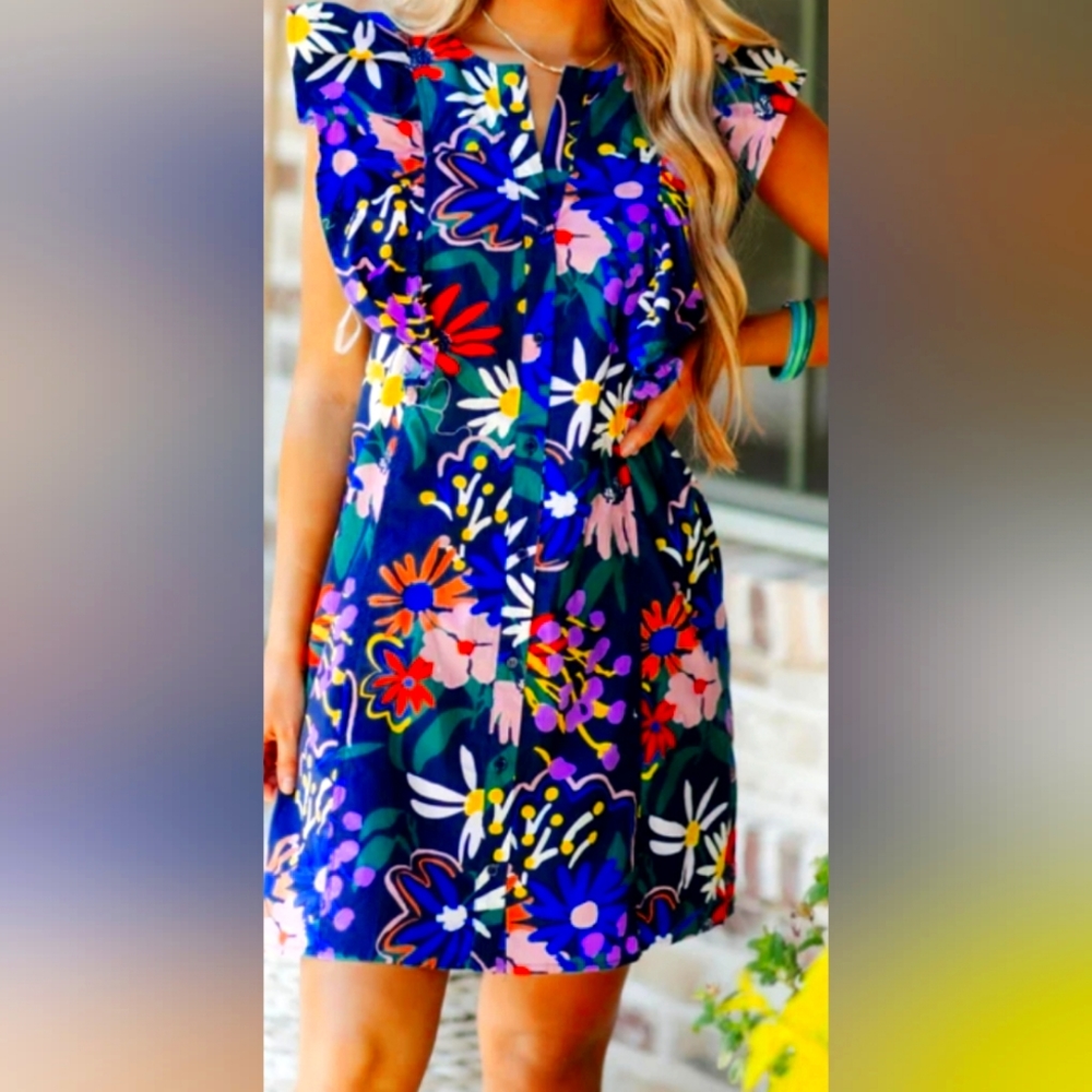 NAVY MIX FLORAL FLUTTER SLEEVE DRESS